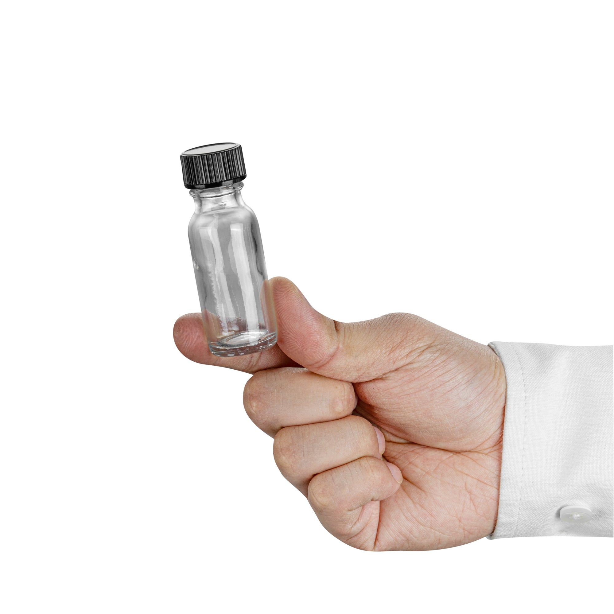 Vetri 0.5 oz Boston Round Clear Glass Bottle - with Black Phenolic Cap - 1" x 1" x 2 3/4" - 48 count box