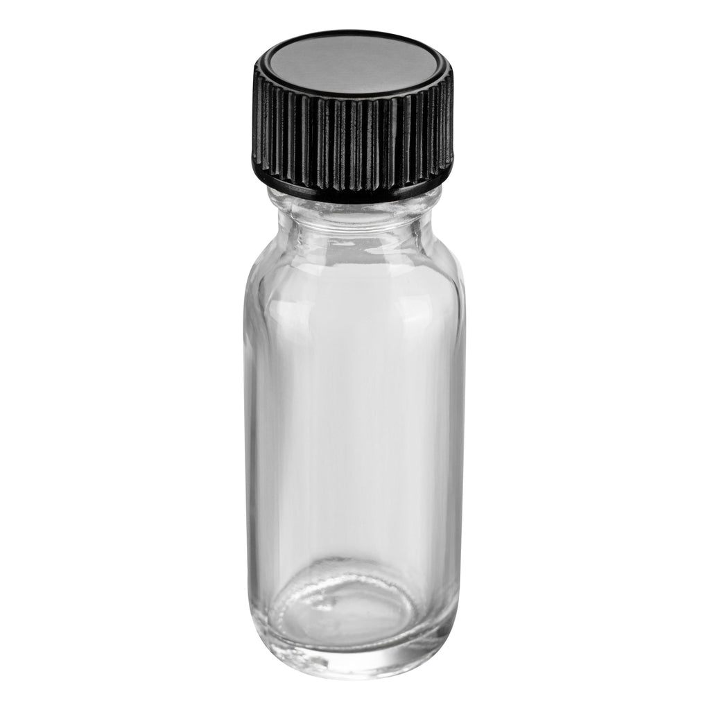 Vetri 0.5 oz Boston Round Clear Glass Bottle - with Black Phenolic Cap - 1" x 1" x 2 3/4" - 48 count box