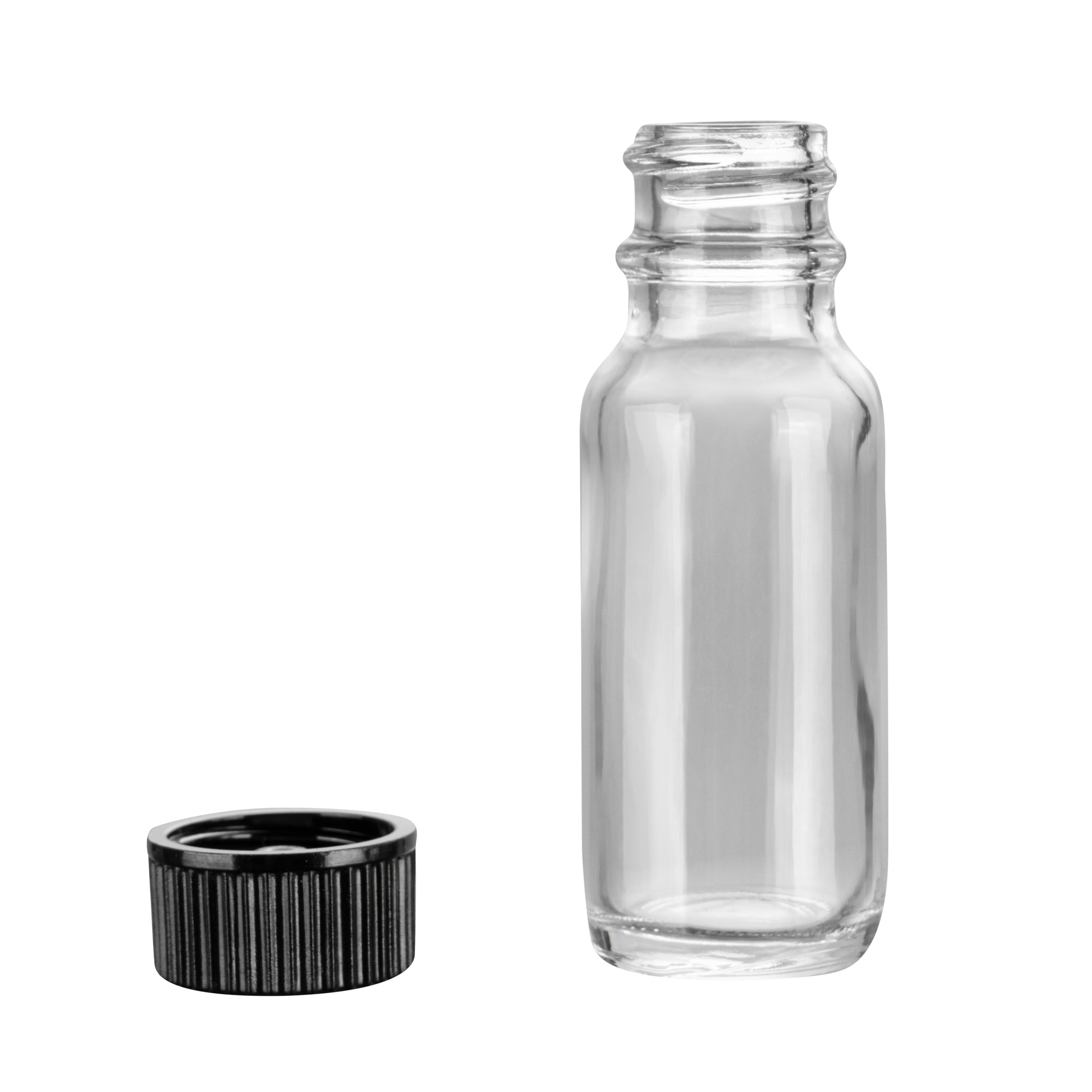 Vetri 0.5 oz Boston Round Clear Glass Bottle - with Black Phenolic Cap - 1" x 1" x 2 3/4" - 48 count box