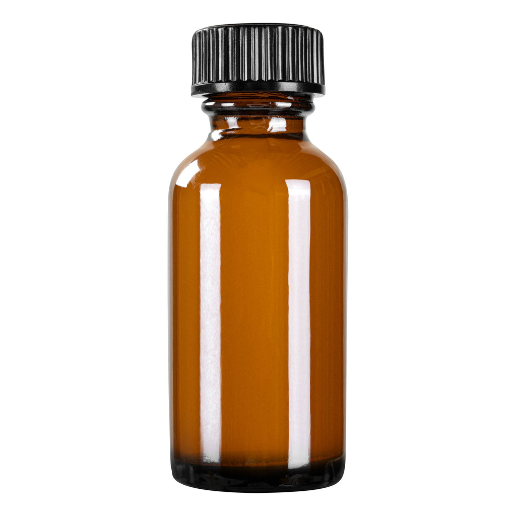 Vetri 1 oz Boston Round Amber Glass Bottle - with Black Phenolic Cap - 1 1/4" x 1 1/4" x 3" - 48 count box