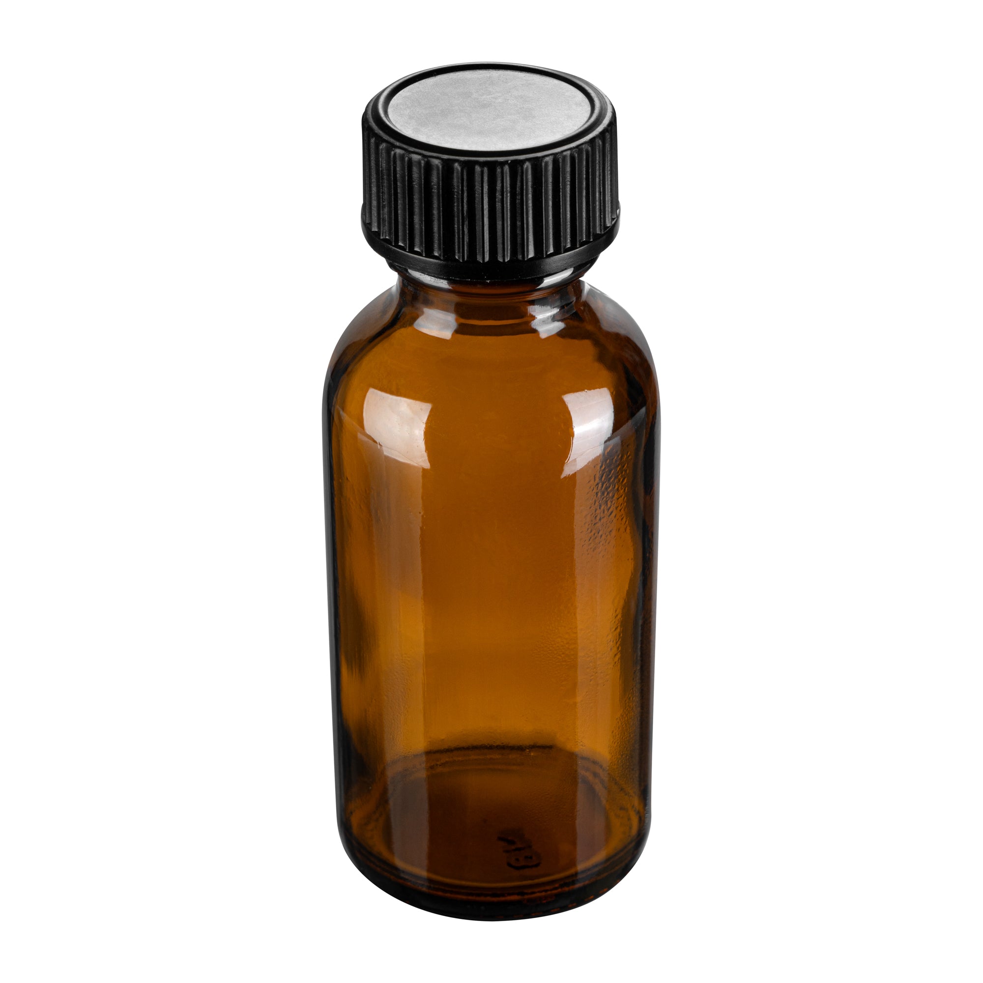 Vetri 1 oz Boston Round Amber Glass Bottle - with Black Phenolic Cap - 1 1/4" x 1 1/4" x 3" - 48 count box