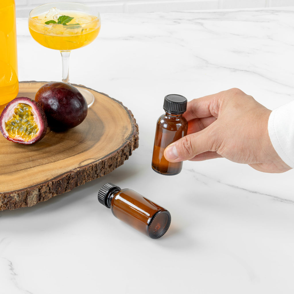 Vetri 1 oz Boston Round Amber Glass Bottle - with Black Phenolic Cap - 1 1/4" x 1 1/4" x 3" - 48 count box