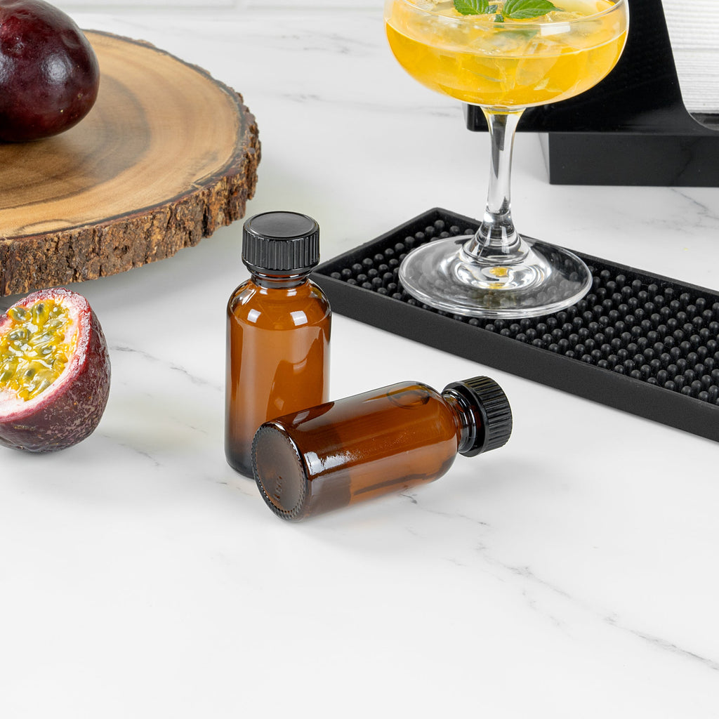 Vetri 1 oz Boston Round Amber Glass Bottle - with Black Phenolic Cap - 1 1/4" x 1 1/4" x 3" - 48 count box