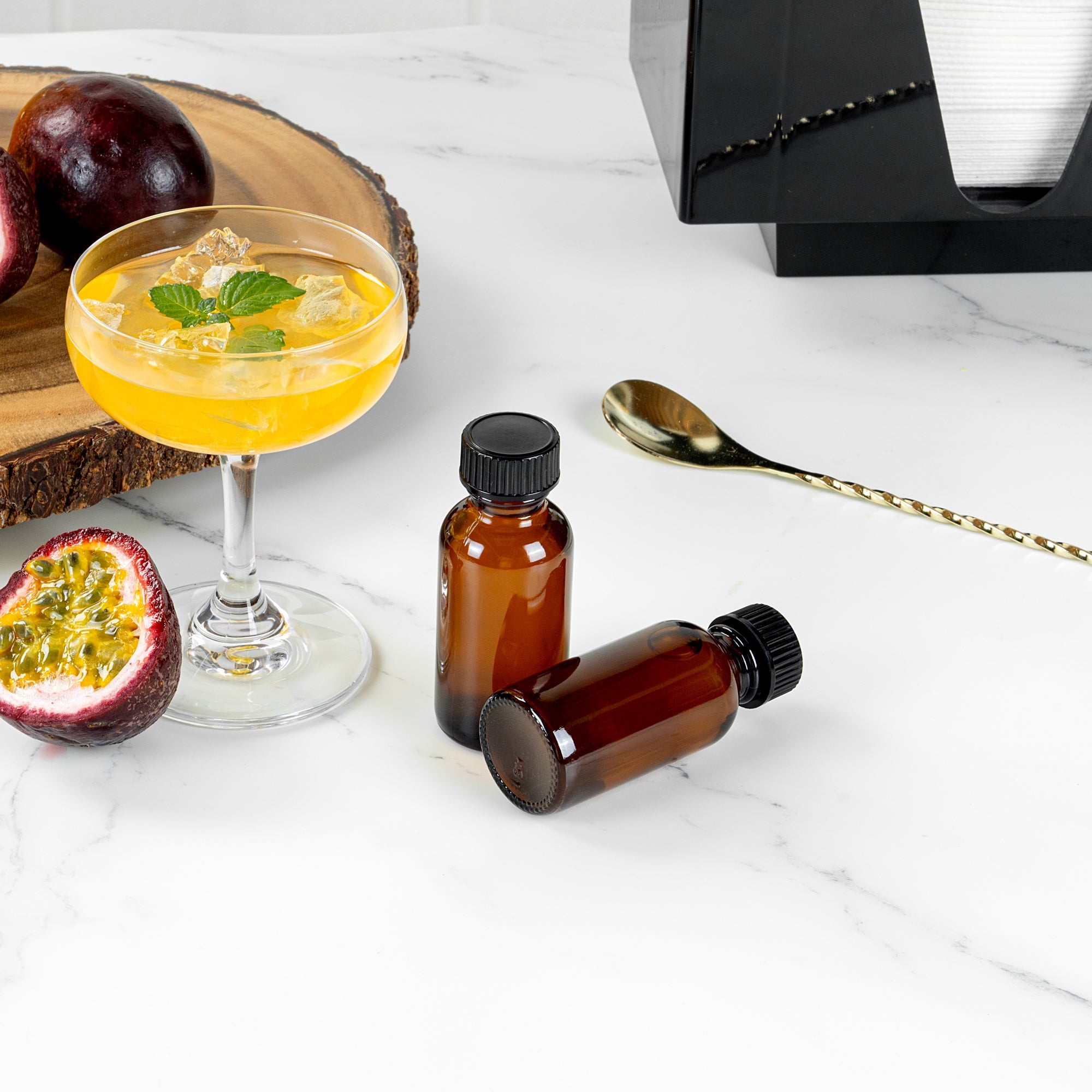 Vetri 1 oz Boston Round Amber Glass Bottle - with Black Phenolic Cap - 1 1/4" x 1 1/4" x 3" - 48 count box