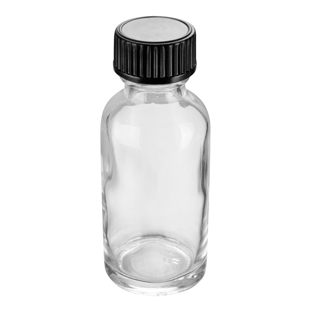 Vetri 1 oz Boston Round Clear Glass Bottle - with Black Phenolic Cap - 1 1/4" x 1 1/4" x 3" - 48 count box