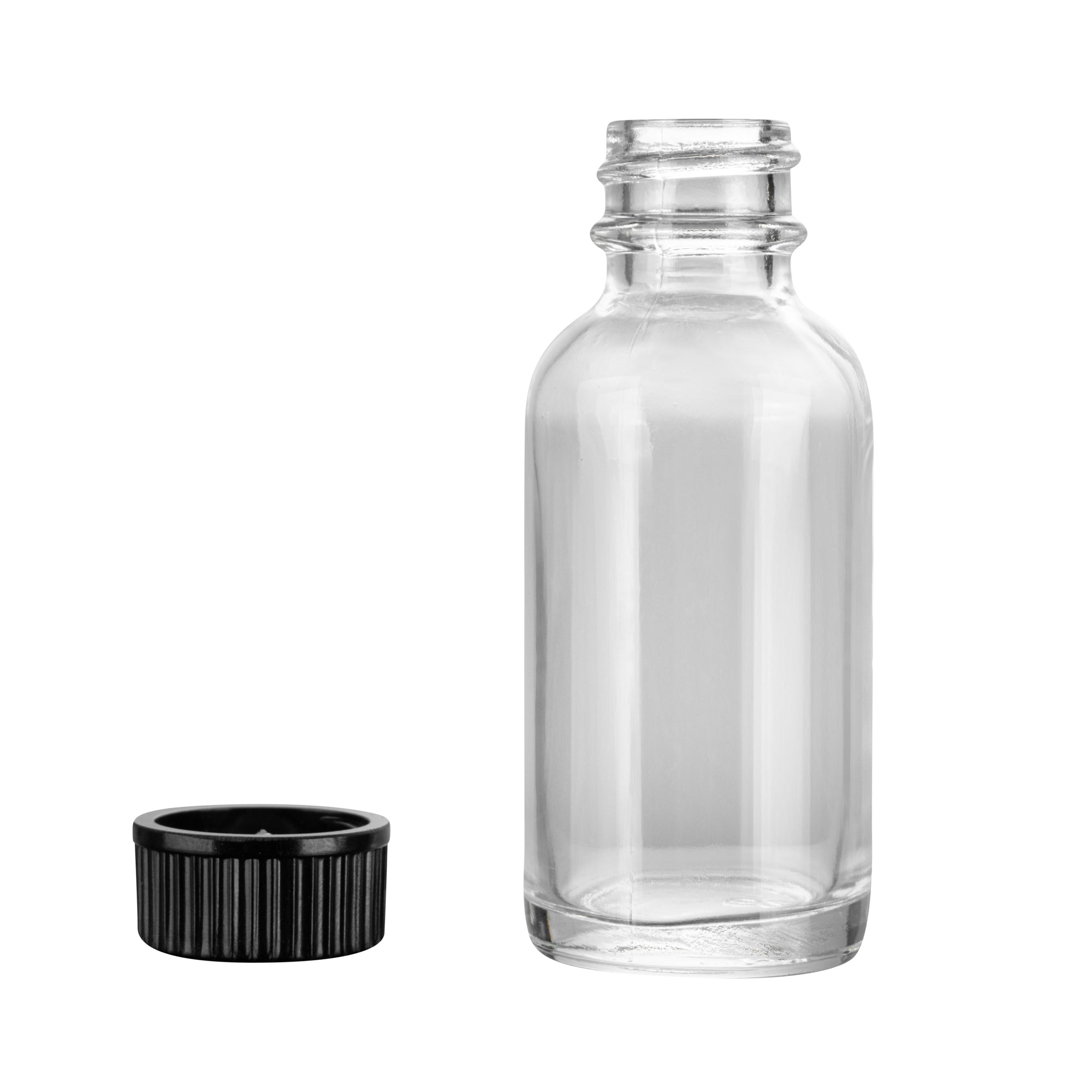 Vetri 1 oz Boston Round Clear Glass Bottle - with Black Phenolic Cap - 1 1/4" x 1 1/4" x 3" - 48 count box