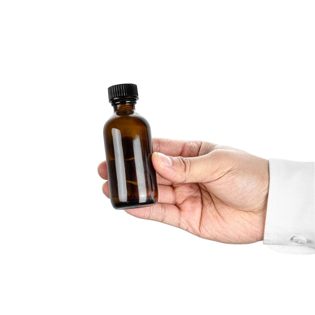 Vetri 2 oz Boston Round Amber Glass Bottle - with Black Phenolic Cap - 1 1/2" x 1 1/2" x 3 3/4" - 48 count box