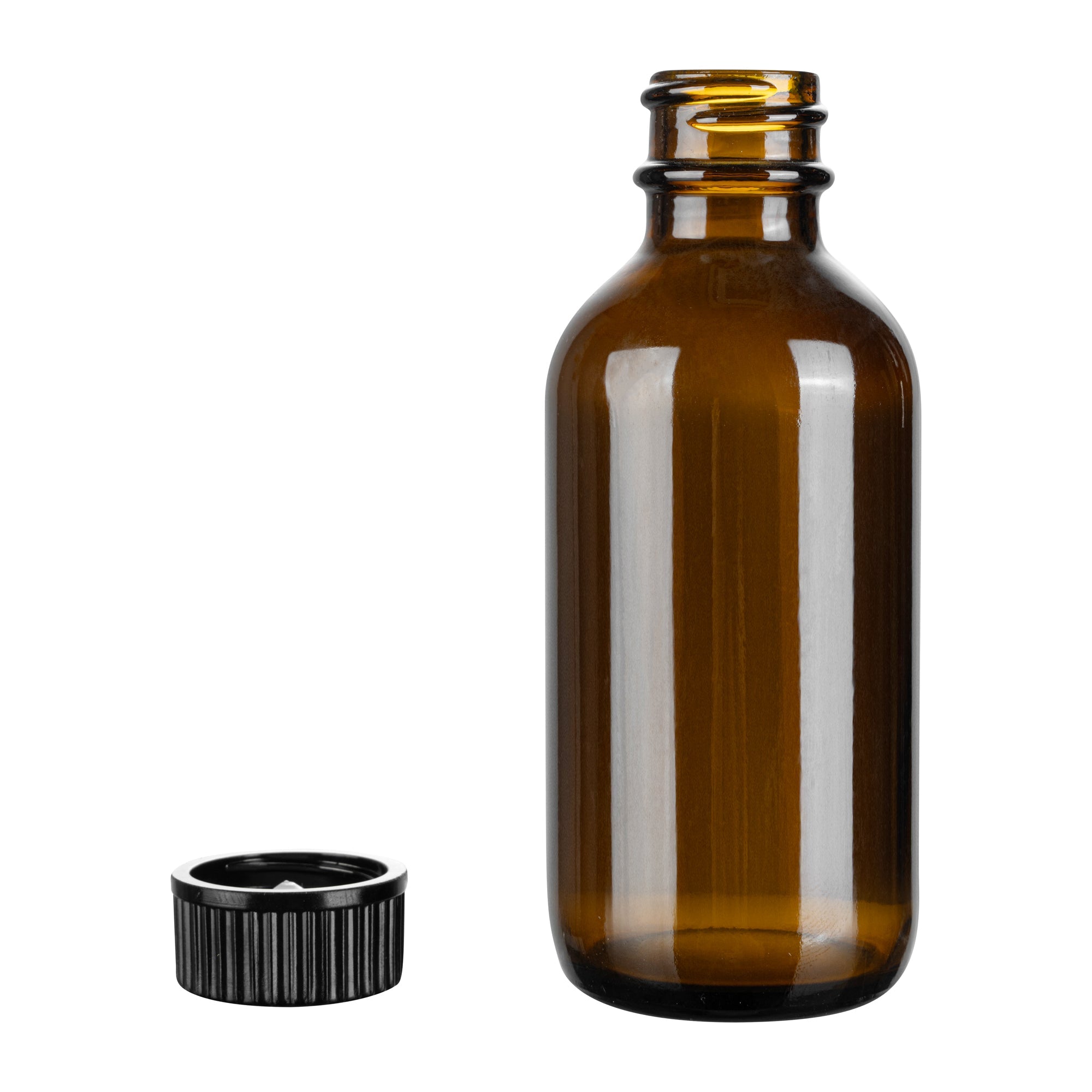 Vetri 2 oz Boston Round Amber Glass Bottle - with Black Phenolic Cap - 1 1/2" x 1 1/2" x 3 3/4" - 48 count box