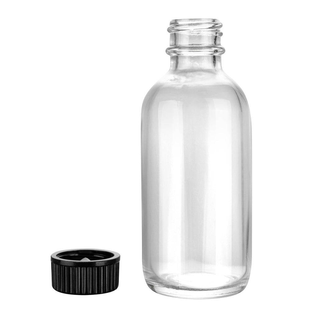 Vetri 2 oz Boston Round Clear Glass Bottle - with Black Phenolic Cap - 1 1/2" x 1 1/2" x 3 3/4" - 48 count box