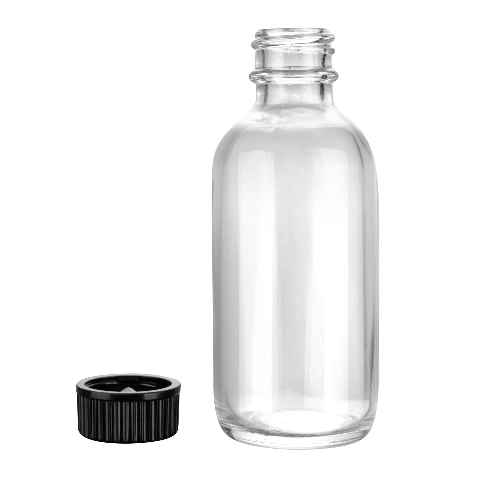 Vetri 2 oz Boston Round Clear Glass Bottle - with Black Phenolic Cap - 1 1/2" x 1 1/2" x 3 3/4" - 48 count box