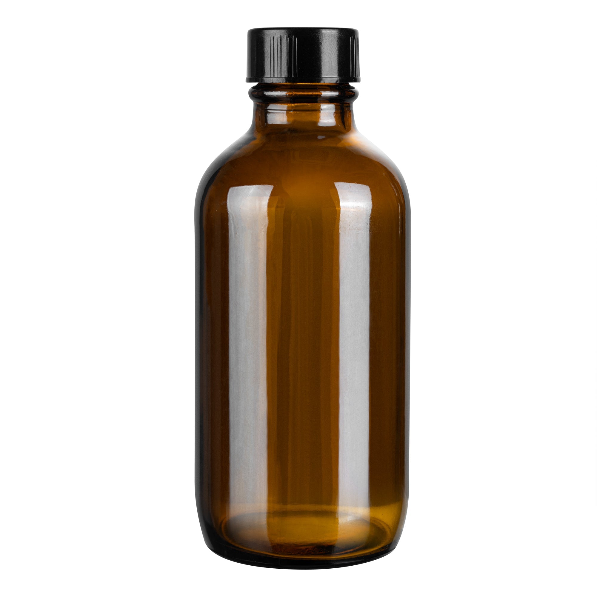 Vetri 4 oz Boston Round Amber Glass Bottle - with Black Phenolic Cap - 2" x 2" x 4 1/2" - 24 count box