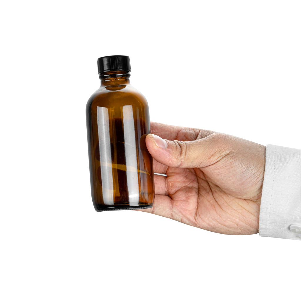 Vetri 4 oz Boston Round Amber Glass Bottle - with Black Phenolic Cap - 2" x 2" x 4 1/2" - 24 count box