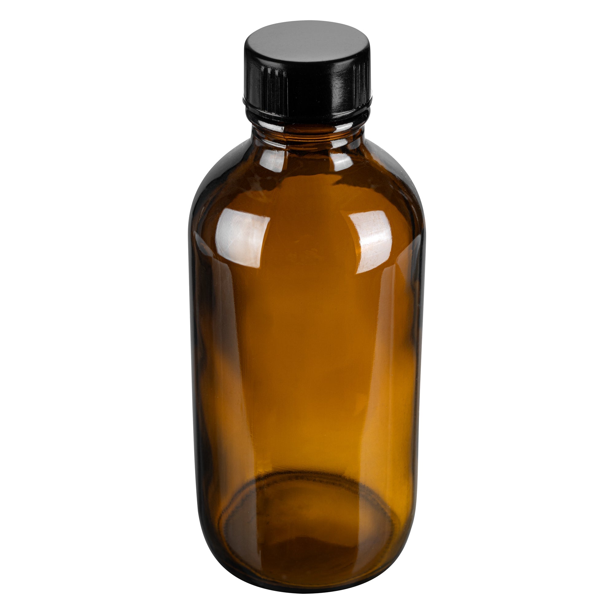 Vetri 4 oz Boston Round Amber Glass Bottle - with Black Phenolic Cap - 2" x 2" x 4 1/2" - 24 count box