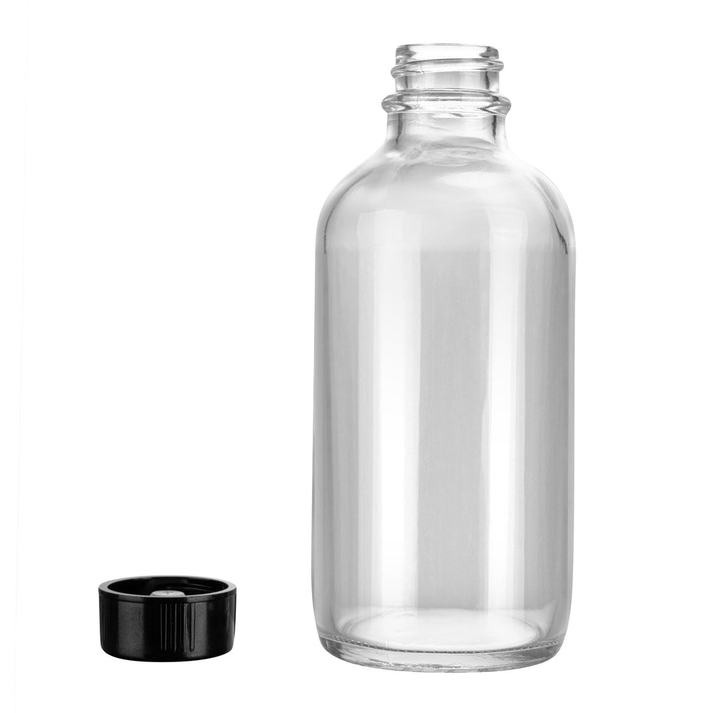 Vetri 4 oz Boston Round Clear Glass Bottle - with Black Phenolic Cap - 2" x 2" x 4 1/2" - 24 count box