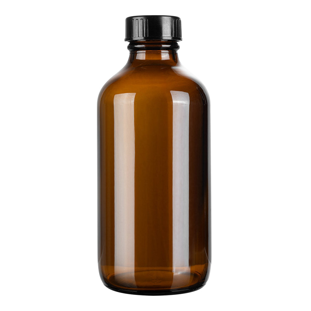 Vetri 8 oz Boston Round Amber Glass Bottle - with Black Phenolic Cap - 2 1/2" x 2 1/2" x 5 1/2" - 12 count box