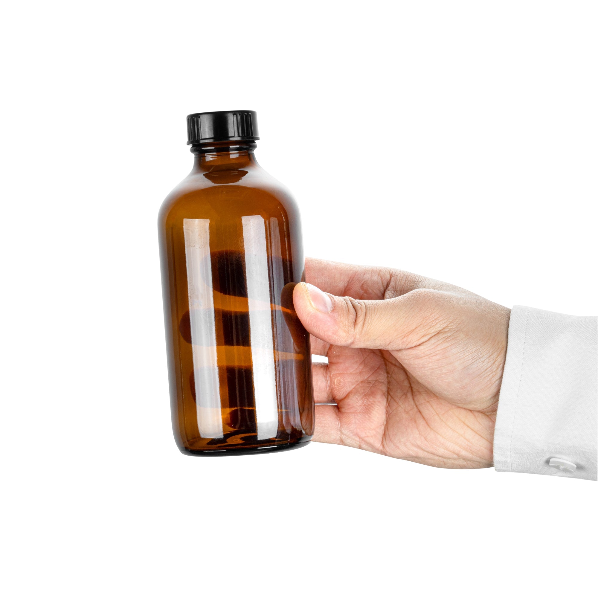 Vetri 8 oz Boston Round Amber Glass Bottle - with Black Phenolic Cap - 2 1/2" x 2 1/2" x 5 1/2" - 12 count box
