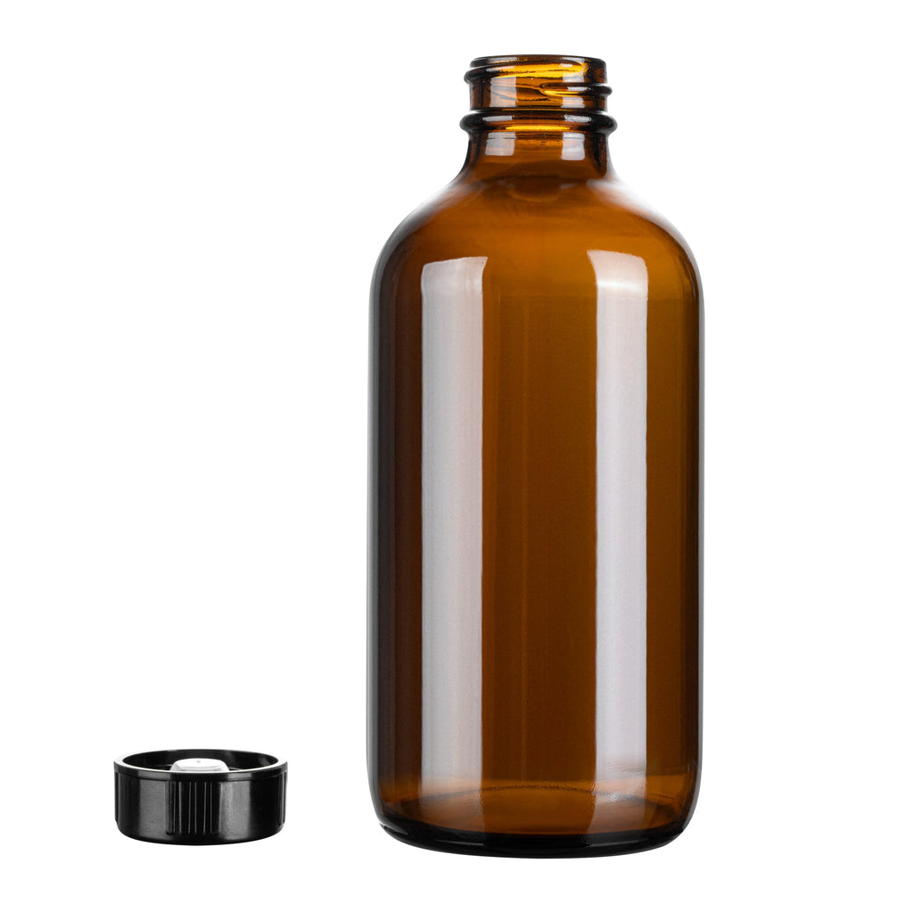 Vetri 8 oz Boston Round Amber Glass Bottle - with Black Phenolic Cap - 2 1/2" x 2 1/2" x 5 1/2" - 12 count box
