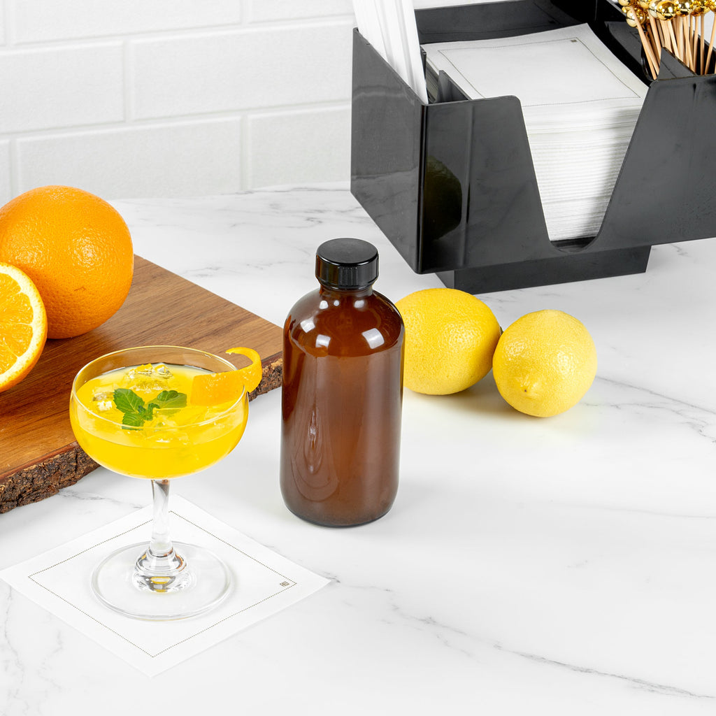 Vetri 8 oz Boston Round Amber Glass Bottle - with Black Phenolic Cap - 2 1/2" x 2 1/2" x 5 1/2" - 12 count box