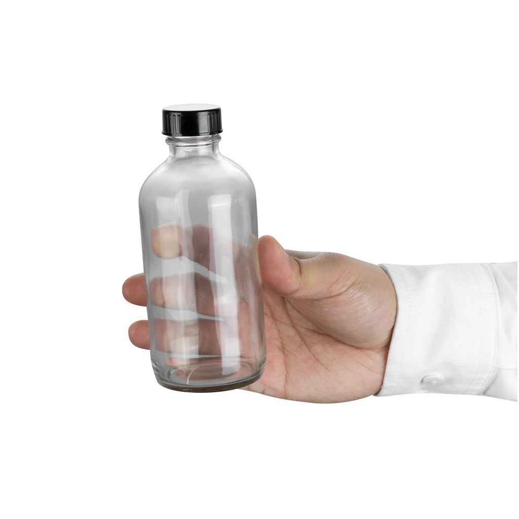 Vetri 8 oz Boston Round Clear Glass Bottle - with Black Phenolic Cap - 2 1/2" x 2 1/2" x 5 1/2" - 12 count box