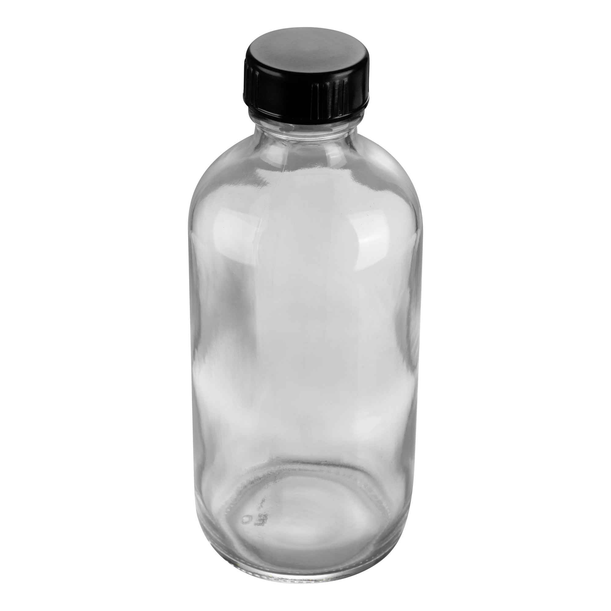 Vetri 8 oz Boston Round Clear Glass Bottle - with Black Phenolic Cap - 2 1/2" x 2 1/2" x 5 1/2" - 12 count box