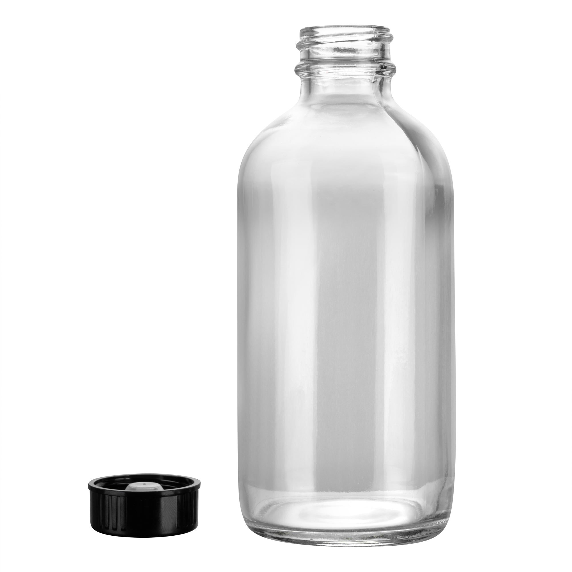 Vetri 8 oz Boston Round Clear Glass Bottle - with Black Phenolic Cap - 2 1/2" x 2 1/2" x 5 1/2" - 12 count box