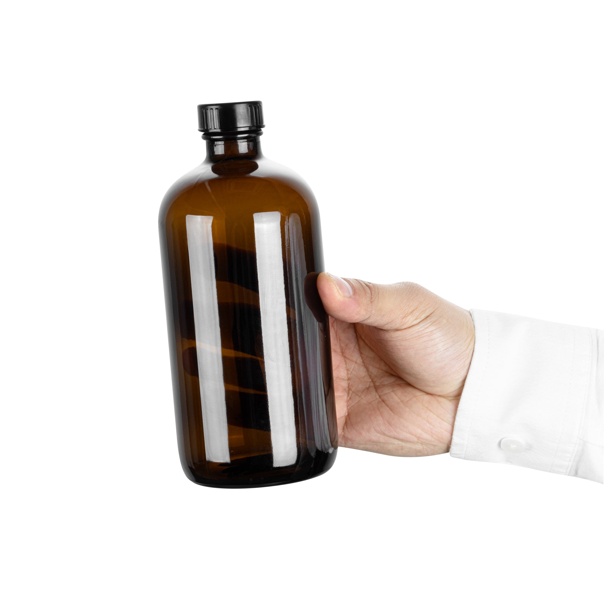 Vetri 16 oz Boston Round Amber Glass Bottle - with Black Phenolic Cap - 3" x 3" x 6 3/4" - 12 count box