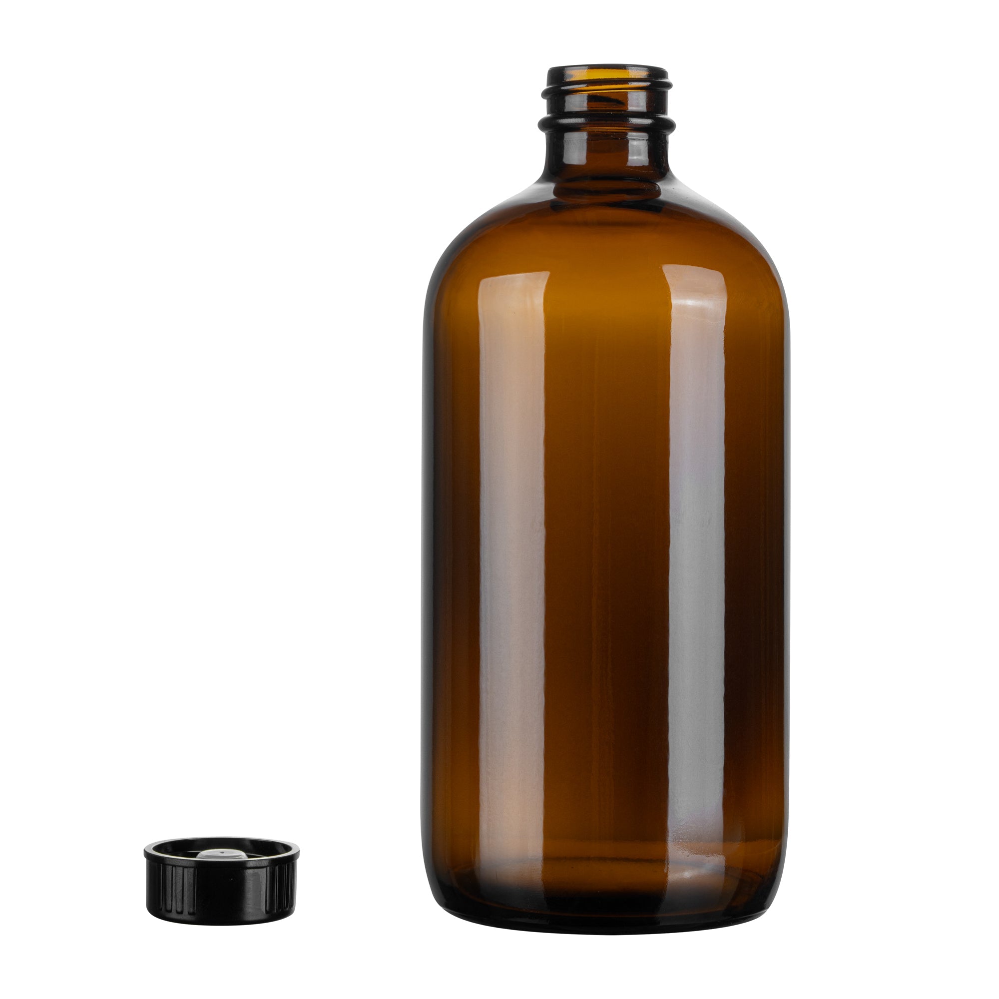 Vetri 16 oz Boston Round Amber Glass Bottle - with Black Phenolic Cap - 3" x 3" x 6 3/4" - 12 count box