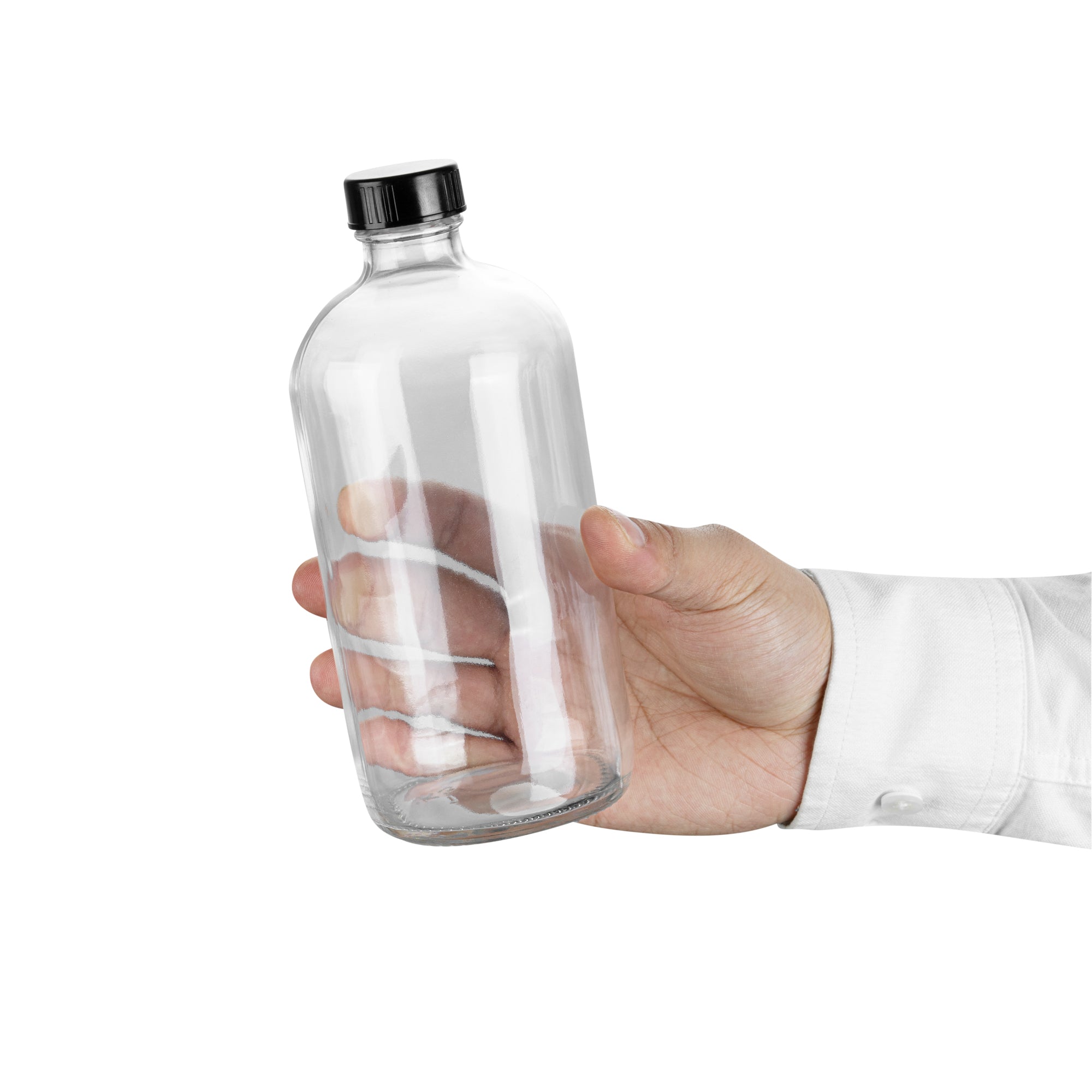 Vetri 16 oz Boston Round Clear Glass Bottle - with Black Phenolic Cap - 3" x 3" x 6 3/4" - 12 count box