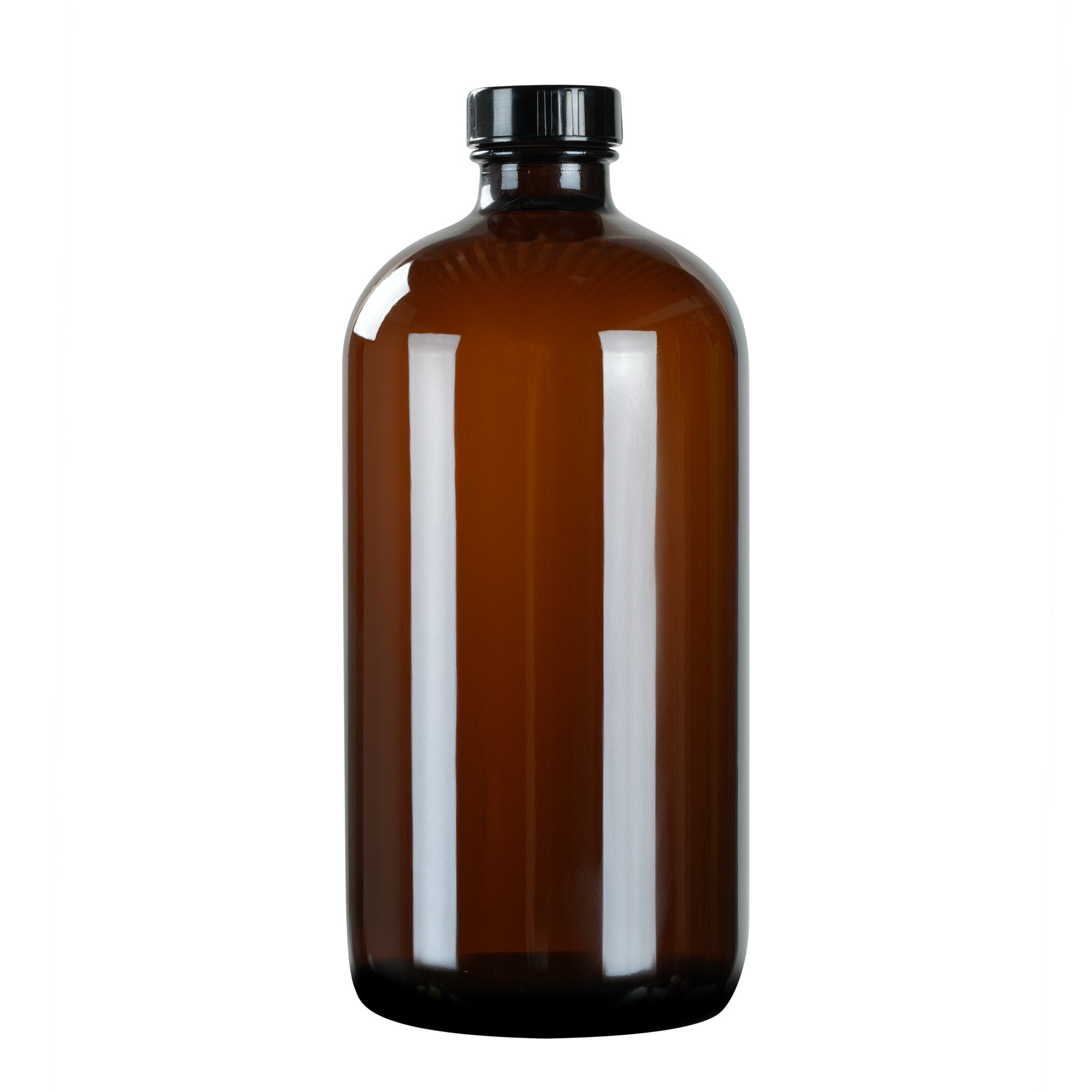 Vetri 32 oz Boston Round Amber Glass Bottle - with Black Phenolic Cap - 3 3/4" x 3 3/4" x 8" - 12 count box