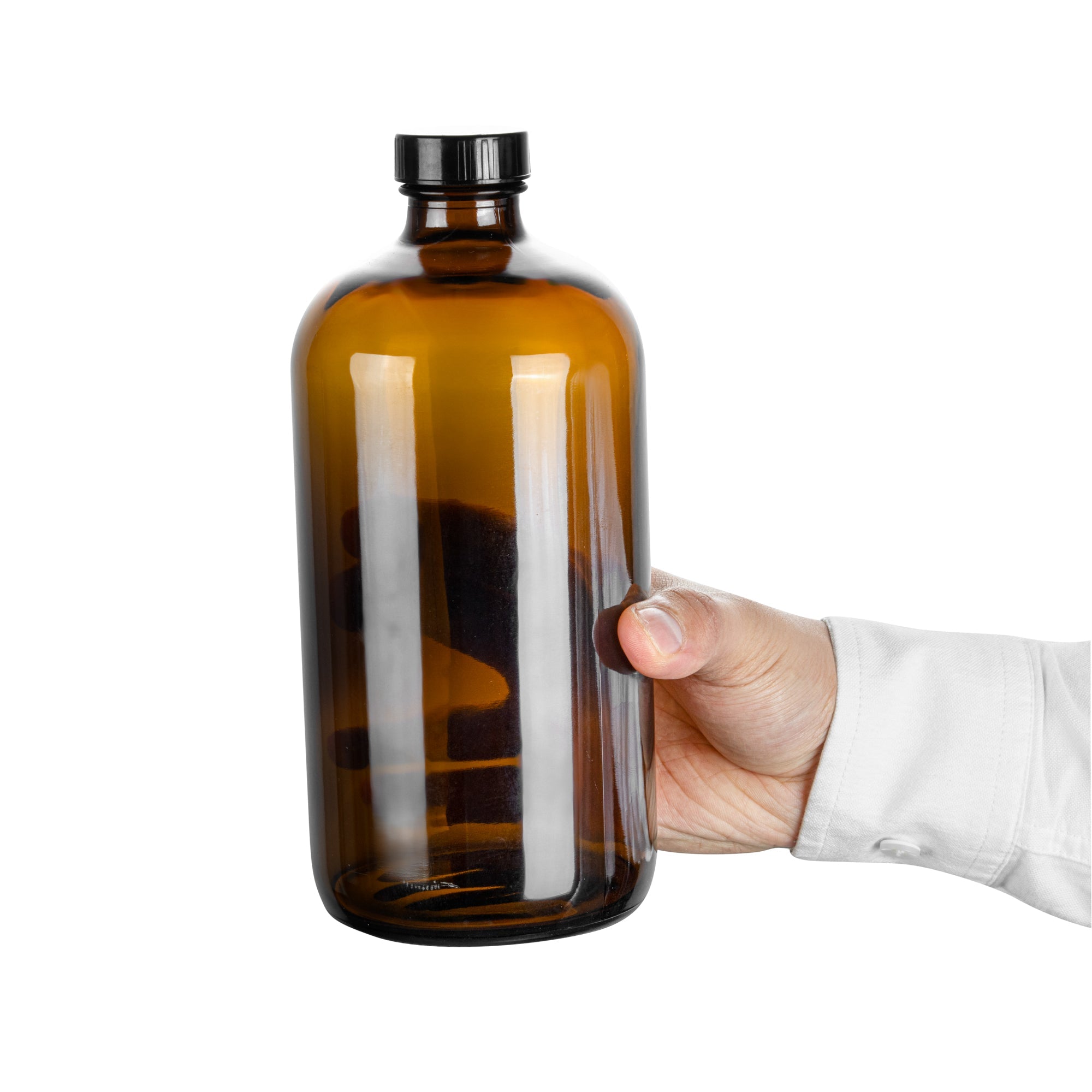 Vetri 32 oz Boston Round Amber Glass Bottle - with Black Phenolic Cap - 3 3/4" x 3 3/4" x 8" - 12 count box