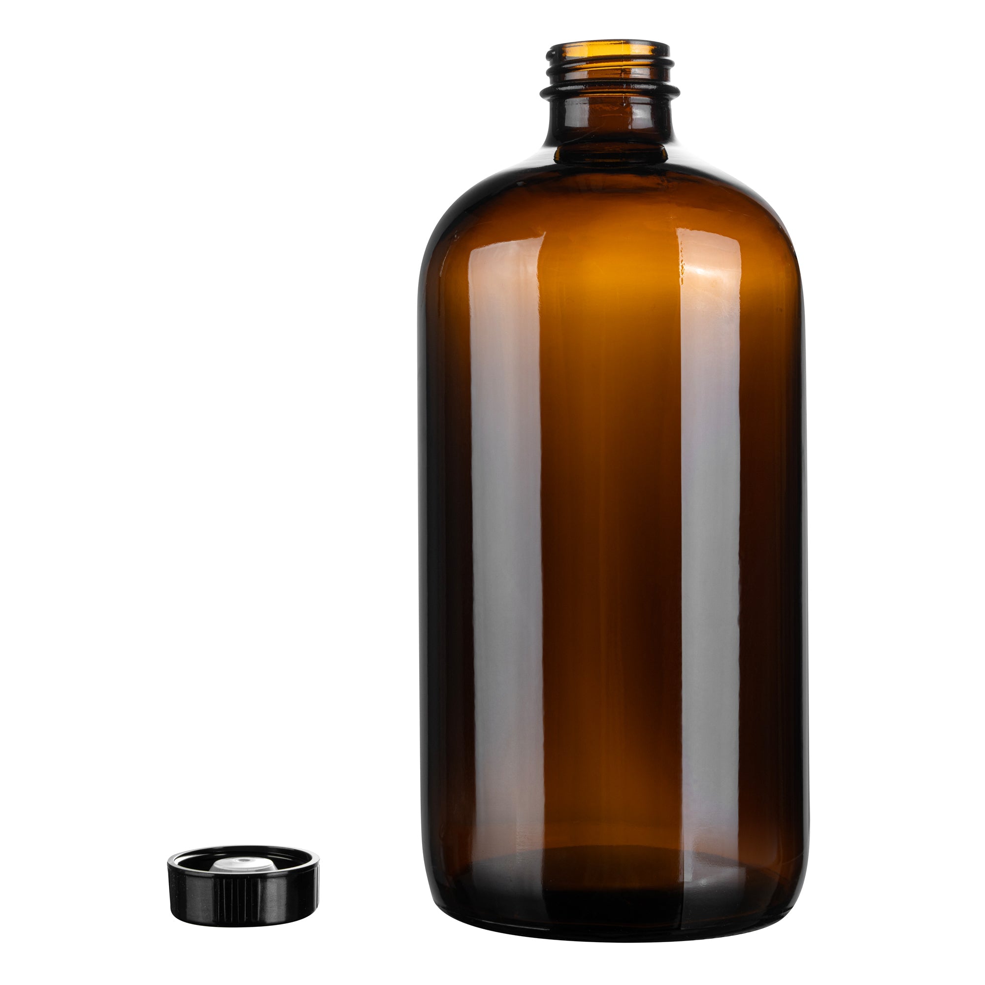 Vetri 32 oz Boston Round Amber Glass Bottle - with Black Phenolic Cap - 3 3/4" x 3 3/4" x 8" - 12 count box