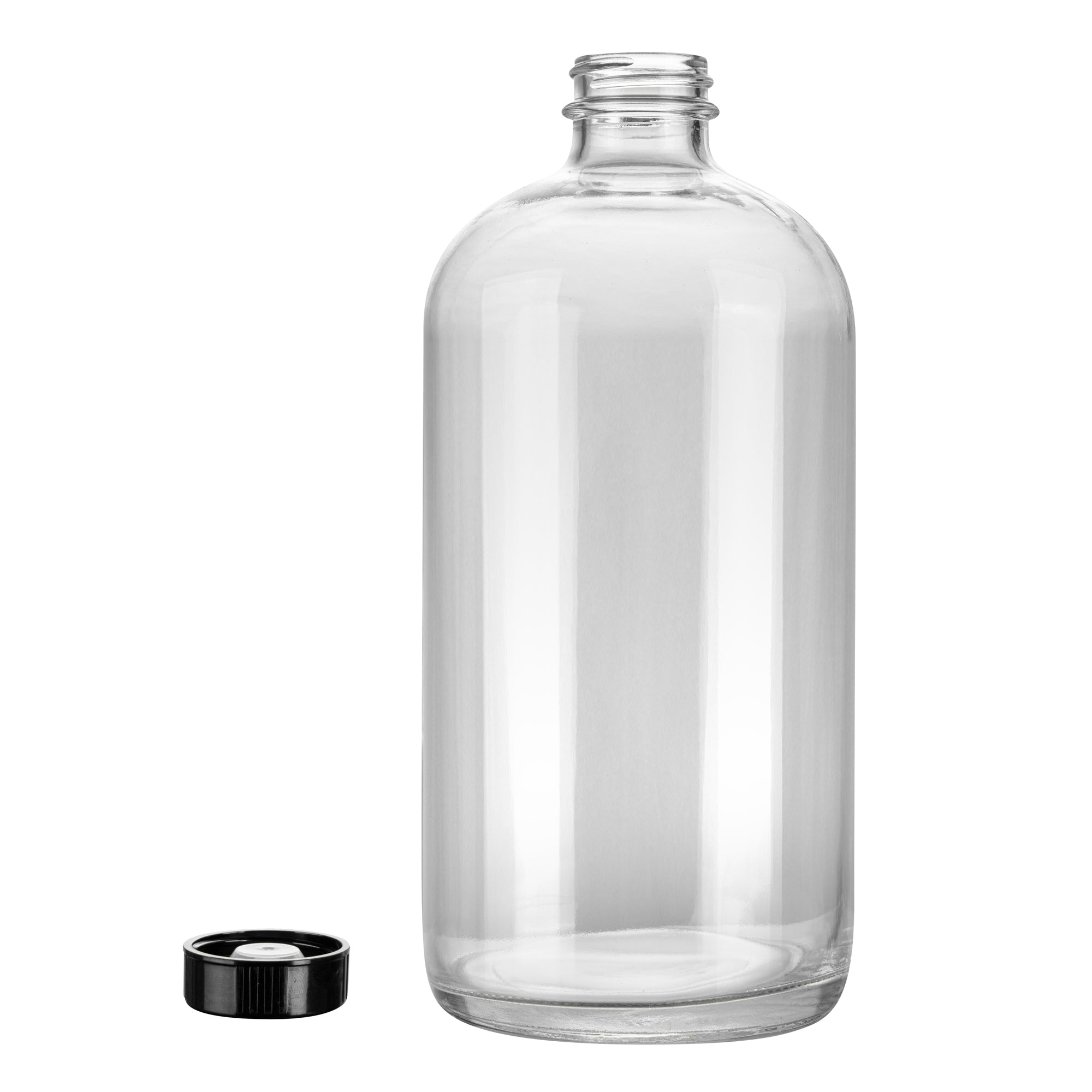 Vetri 32 oz Boston Round Clear Glass Bottle - with Black Phenolic Cap - 3 3/4" x 3 3/4" x 8" - 12 count box