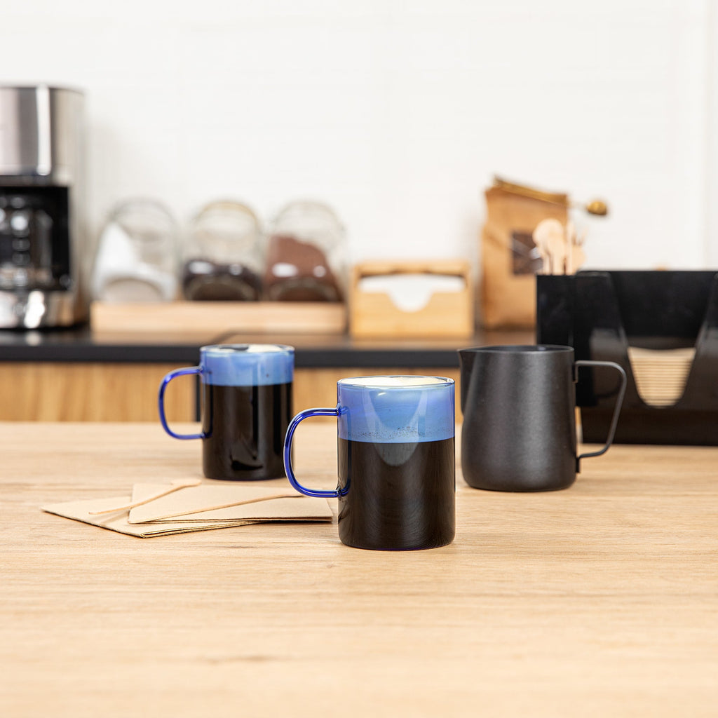 Forma Professional 7 oz Blue Glass Coffee Mug - Borosilicate, with Handle - 2 1/2" x 2 1/2" x 3 1/2" - 12 count box