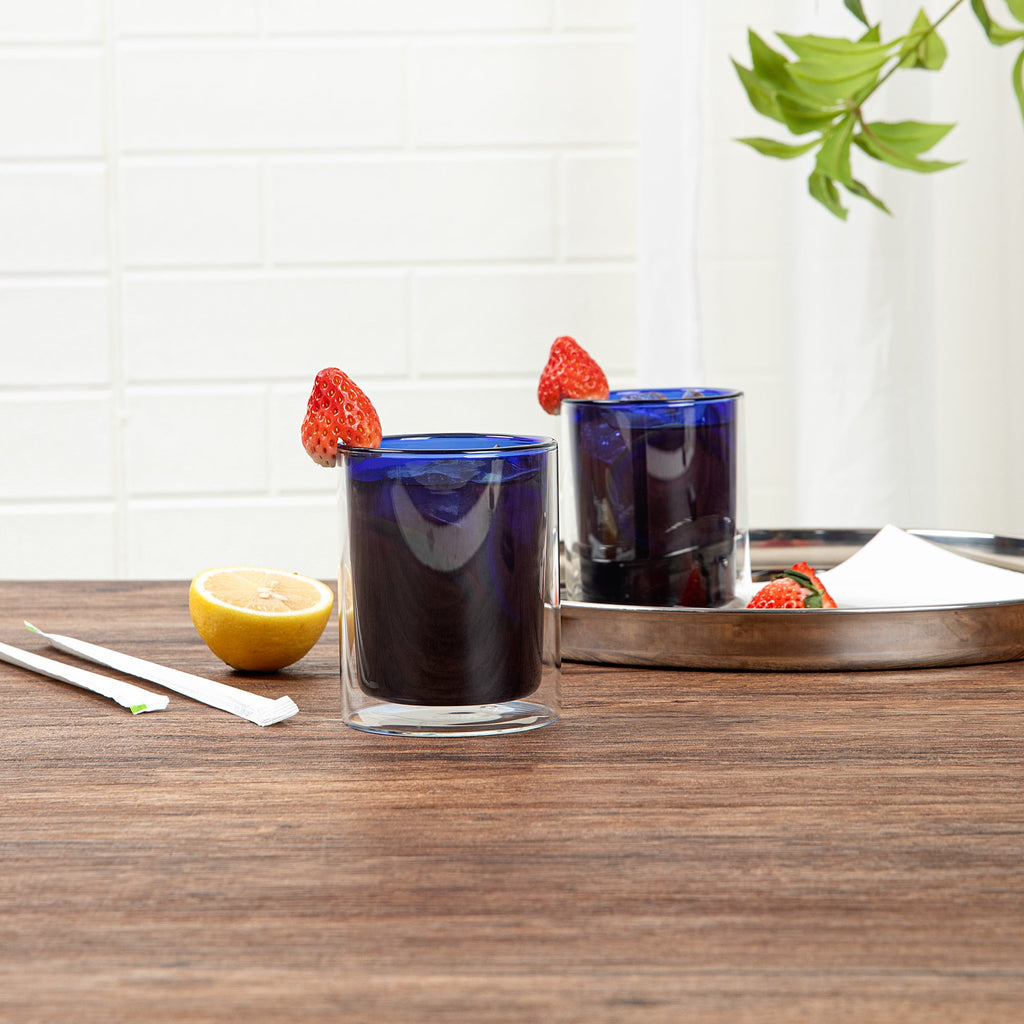 Forma Professional 9 oz Blue Glass Tumbler - Double Wall, Borosilicate - 3 1/4" x 3 1/4" x 4" - 2 count box