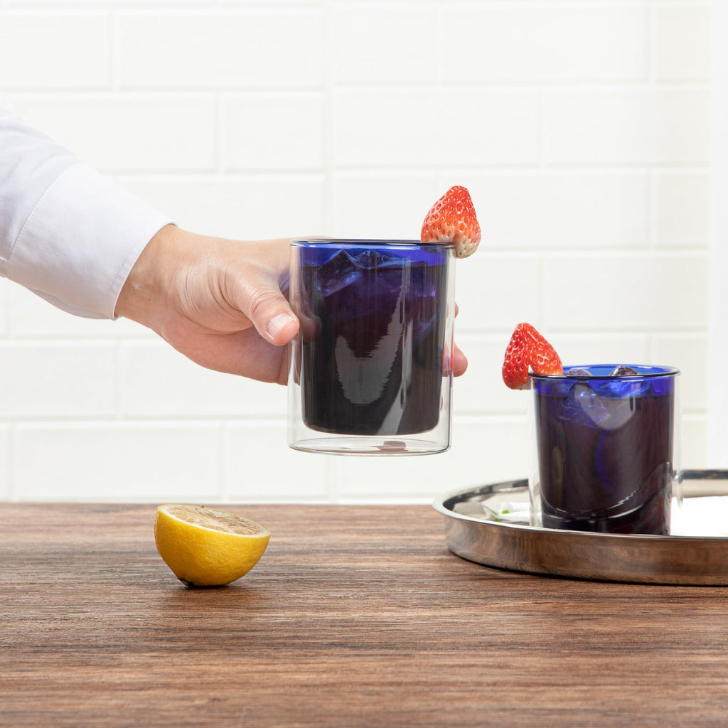 Forma Professional 9 oz Blue Glass Tumbler - Double Wall, Borosilicate - 3 1/4" x 3 1/4" x 4" - 2 count box