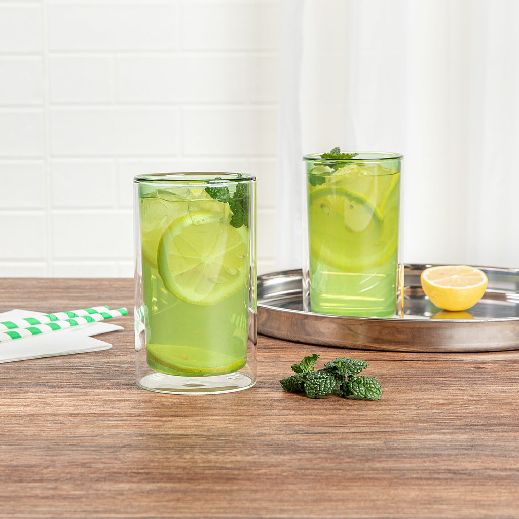 Forma Professional 14 oz Green Glass Tumbler - Double Wall, Borosilicate - 3 1/4" x 3 1/4" x 5 1/4" - 2 count box