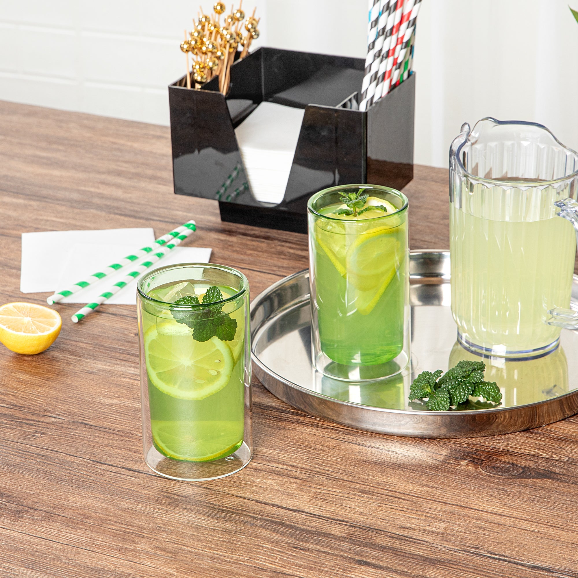 Forma Professional 14 oz Green Glass Tumbler - Double Wall, Borosilicate - 3 1/4" x 3 1/4" x 5 1/4" - 2 count box