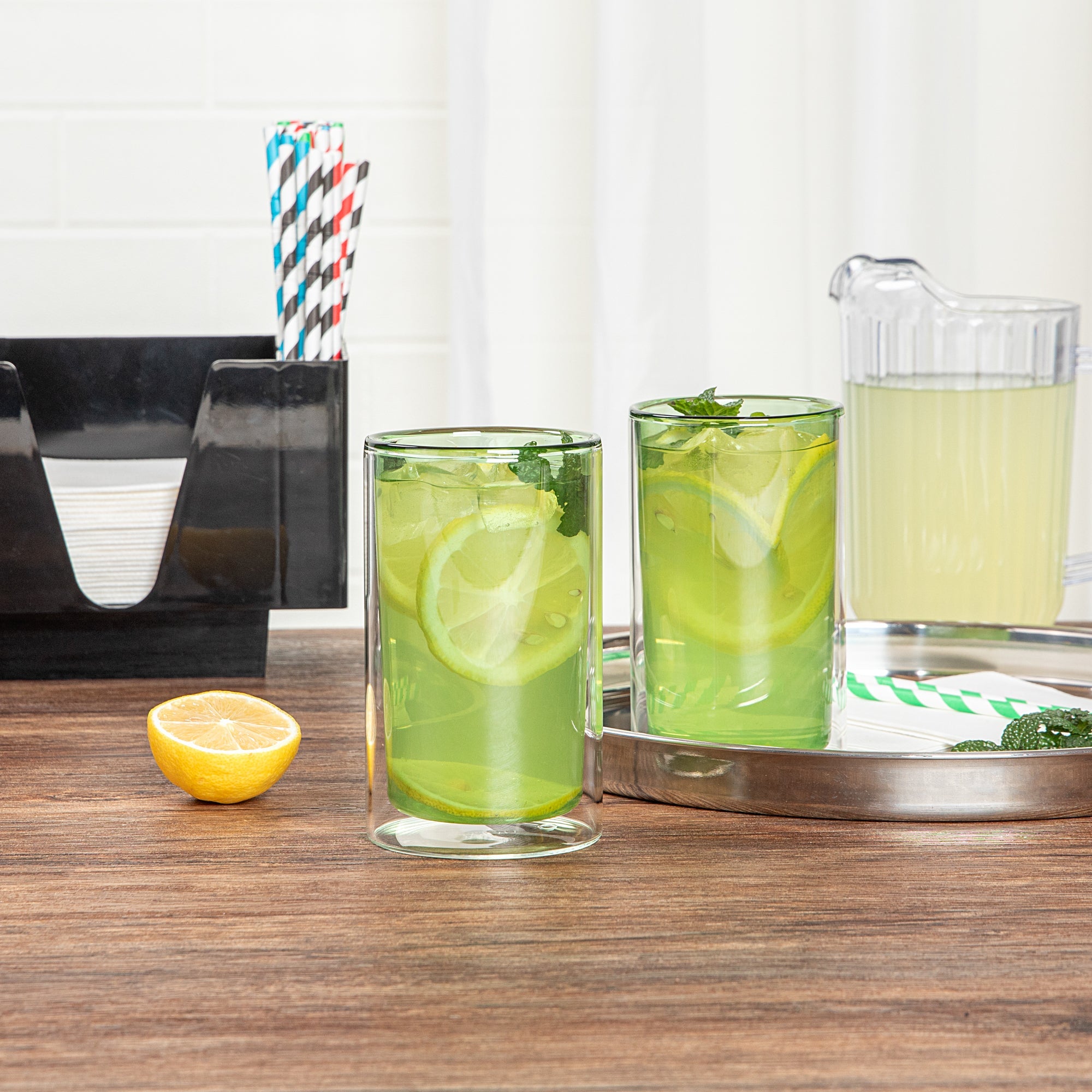Forma Professional 14 oz Green Glass Tumbler - Double Wall, Borosilicate - 3 1/4" x 3 1/4" x 5 1/4" - 2 count box