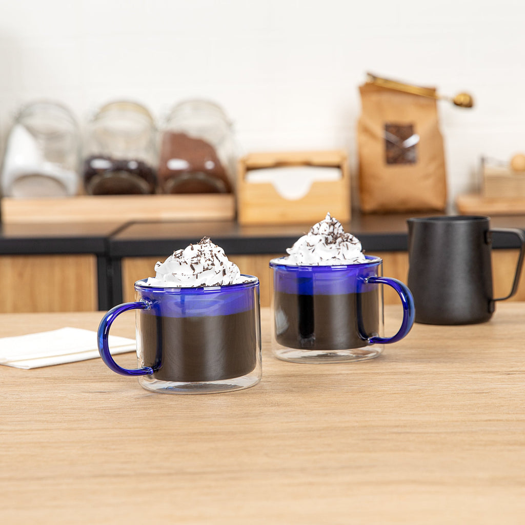 Forma Professional 11 oz Blue Glass Coffee Mug - Double Wall, Borosilicate, with Handle - 3 1/2" x 3 1/2" x 3" - 2 count box