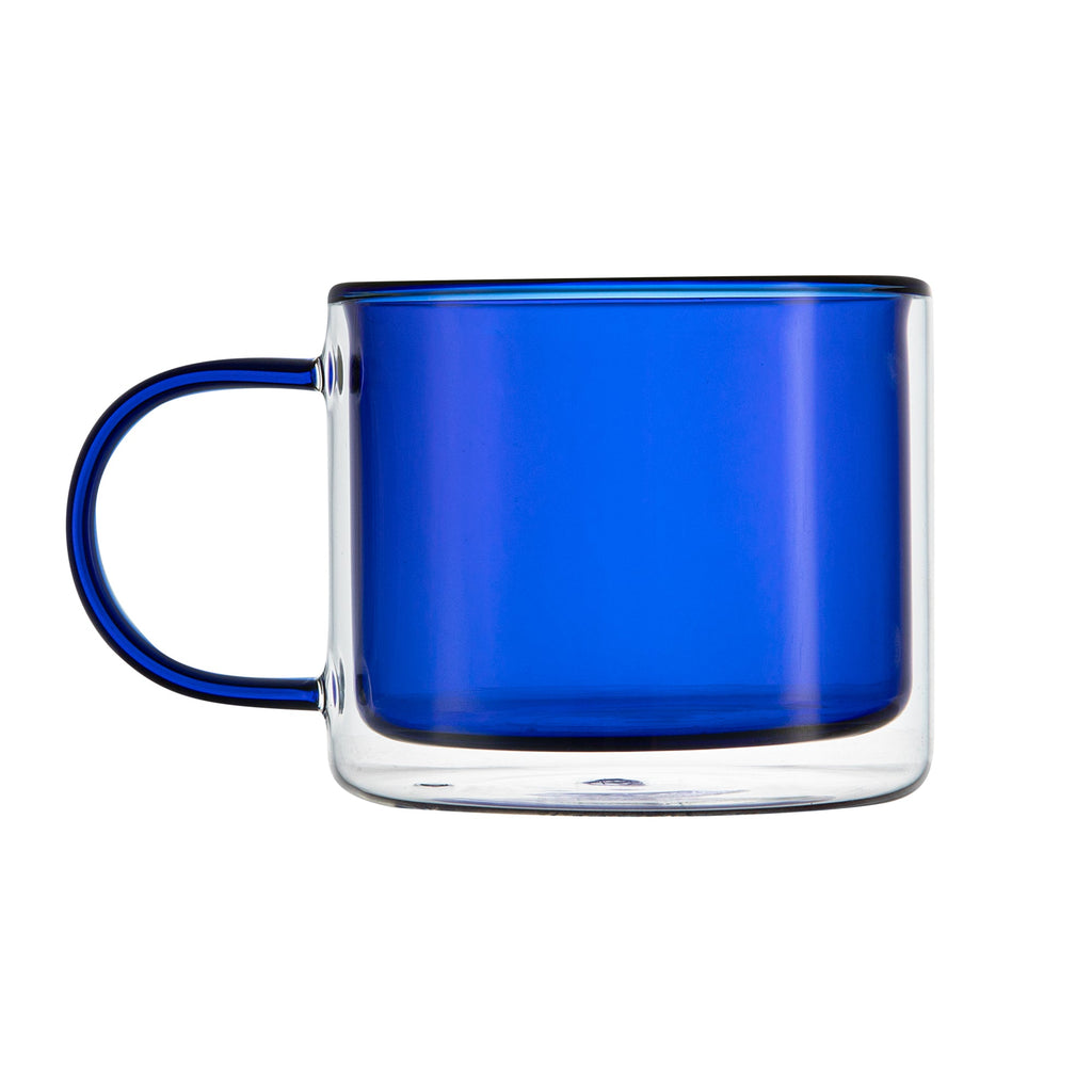 Forma Professional 11 oz Blue Glass Coffee Mug - Double Wall, Borosilicate, with Handle - 3 1/2" x 3 1/2" x 3" - 2 count box