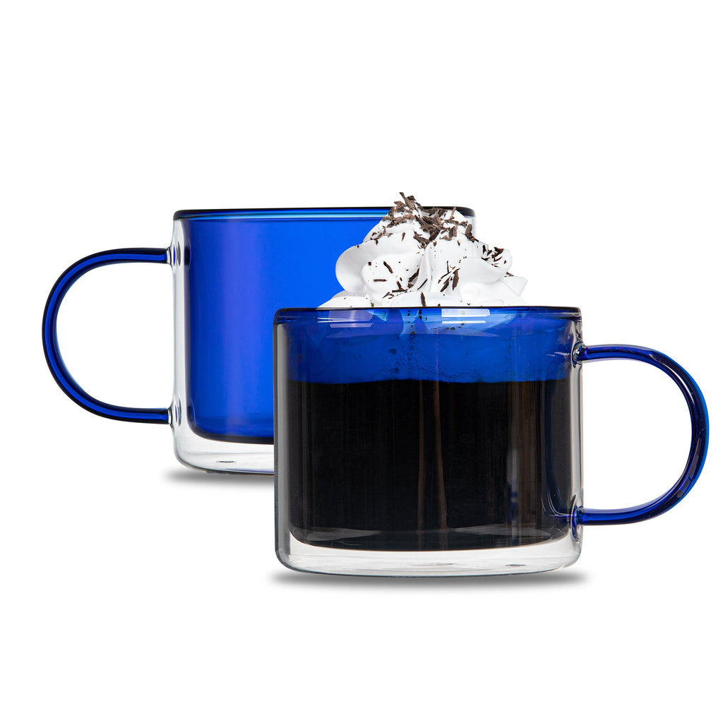 Forma Professional 11 oz Blue Glass Coffee Mug - Double Wall, Borosilicate, with Handle - 3 1/2" x 3 1/2" x 3" - 12 count box