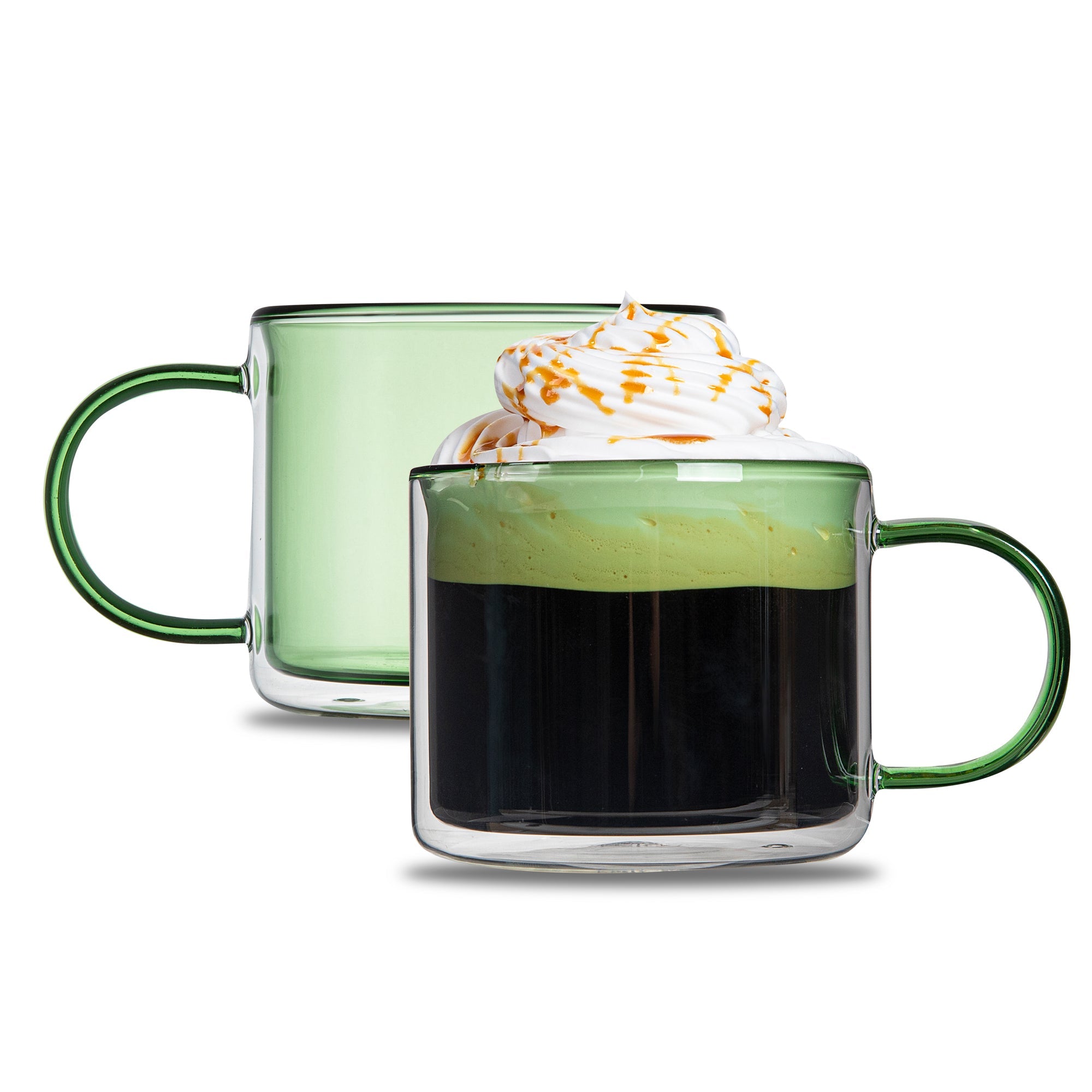 Forma Professional 11 oz Green Glass Coffee Mug - Double Wall, Borosilicate, with Handle - 3 1/2" x 3 1/2" x 3" - 2 count box