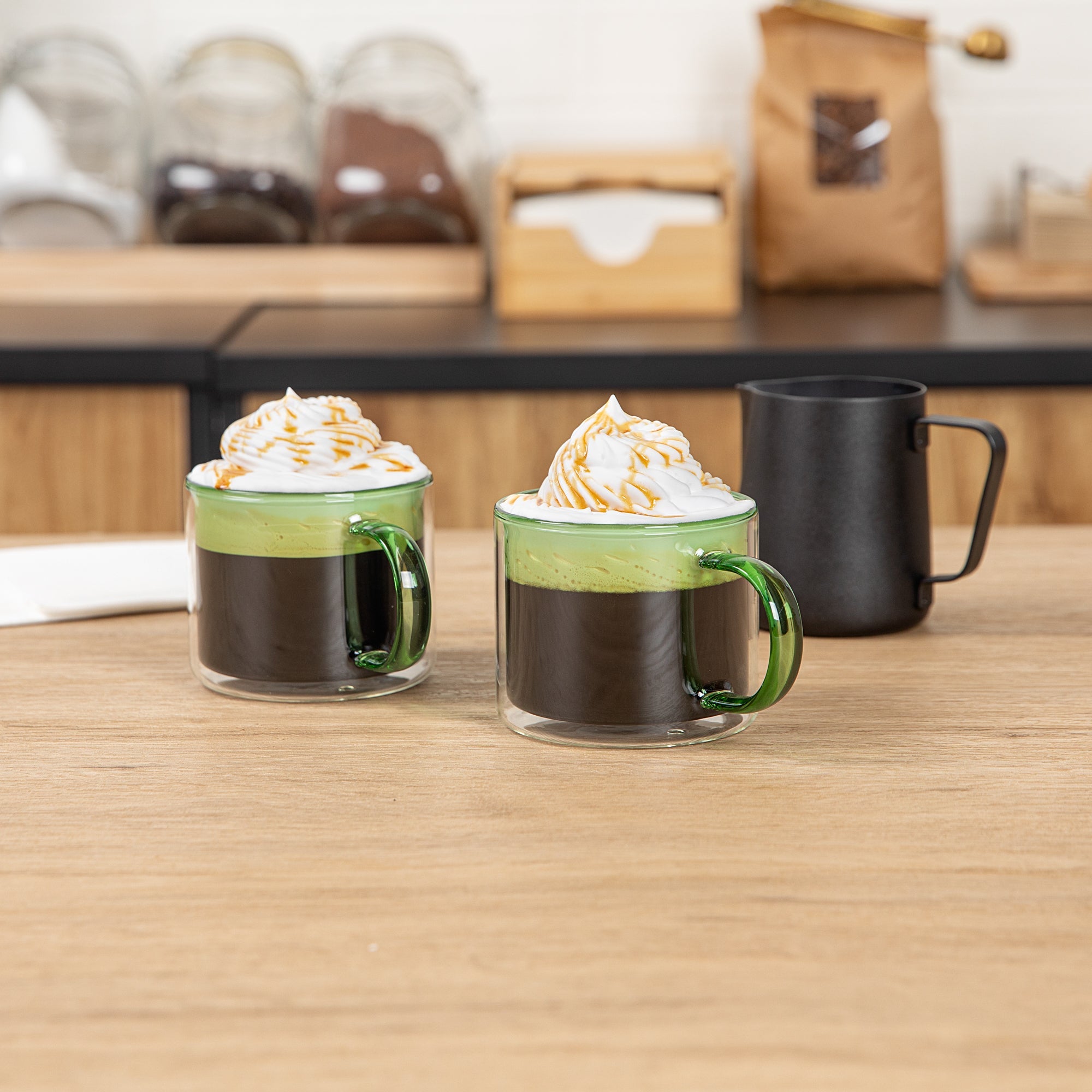 Forma Professional 11 oz Green Glass Coffee Mug - Double Wall, Borosilicate, with Handle - 3 1/2" x 3 1/2" x 3" - 2 count box