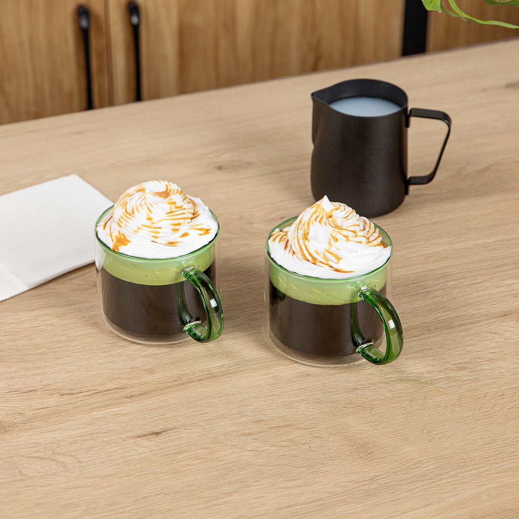 Forma Professional 11 oz Green Glass Coffee Mug - Double Wall, Borosilicate, with Handle - 3 1/2" x 3 1/2" x 3" - 2 count box