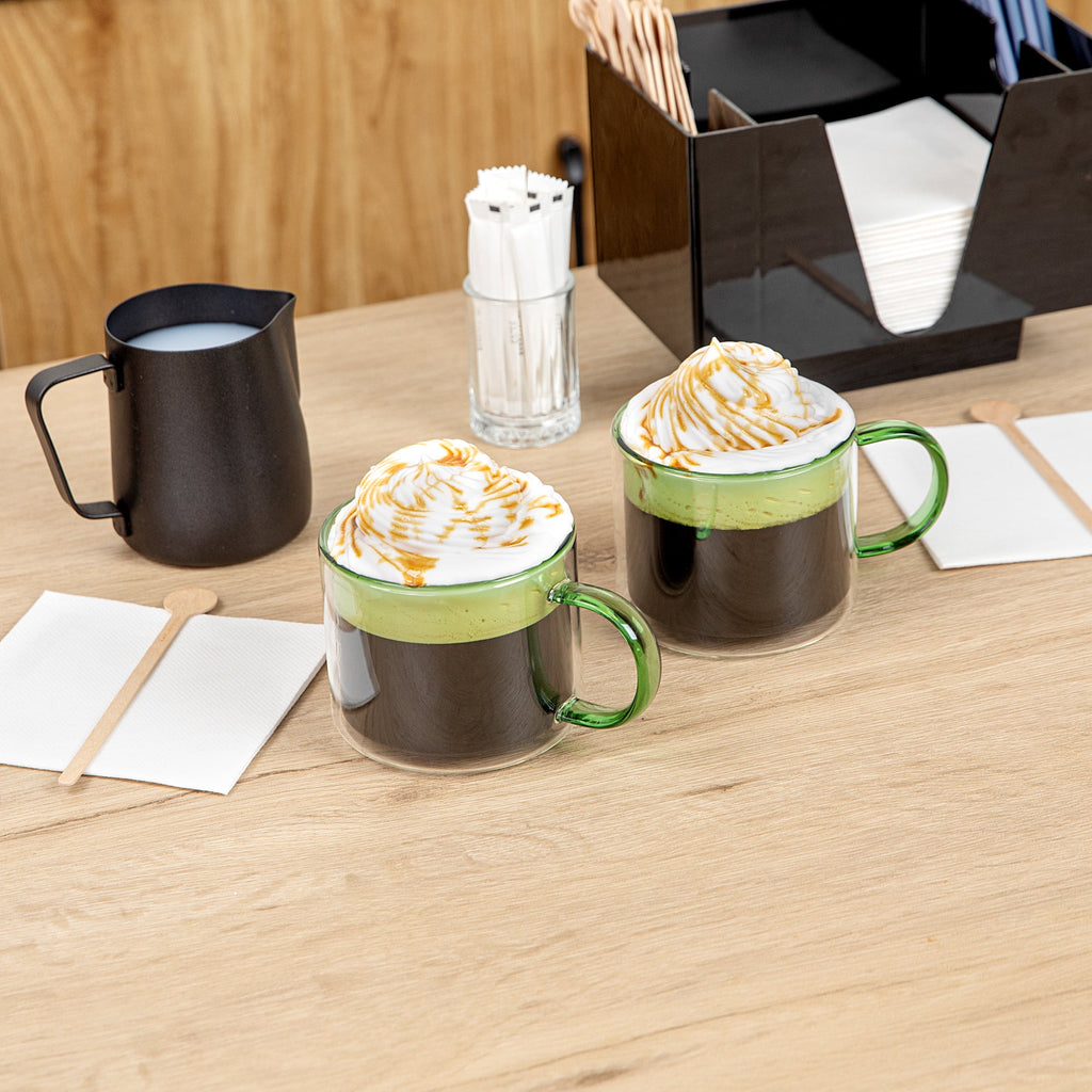 Forma Professional 11 oz Green Glass Coffee Mug - Double Wall, Borosilicate, with Handle - 3 1/2" x 3 1/2" x 3" - 2 count box