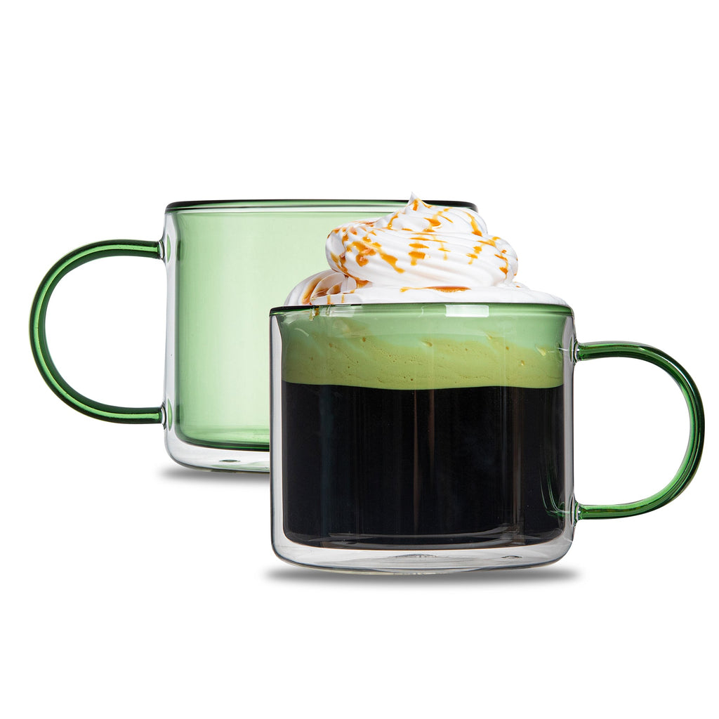 Forma Professional 11 oz Green Glass Coffee Mug - Double Wall, Borosilicate, with Handle - 3 1/2" x 3 1/2" x 3" - 12 count box