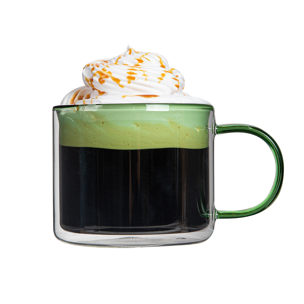 Forma Professional 11 oz Green Glass Coffee Mug - Double Wall, Borosilicate, with Handle - 3 1/2" x 3 1/2" x 3" - 12 count box
