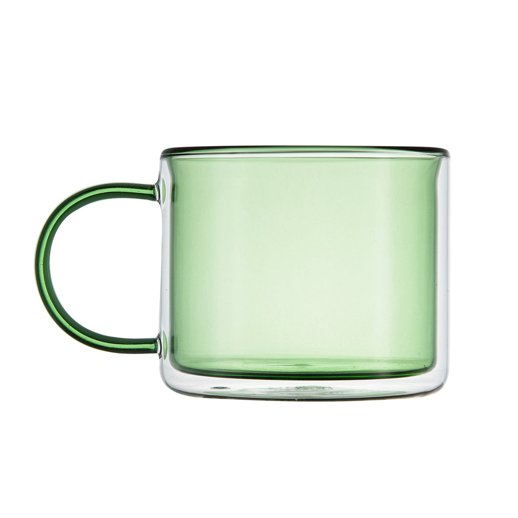 Forma Professional 11 oz Green Glass Coffee Mug - Double Wall, Borosilicate, with Handle - 3 1/2" x 3 1/2" x 3" - 12 count box