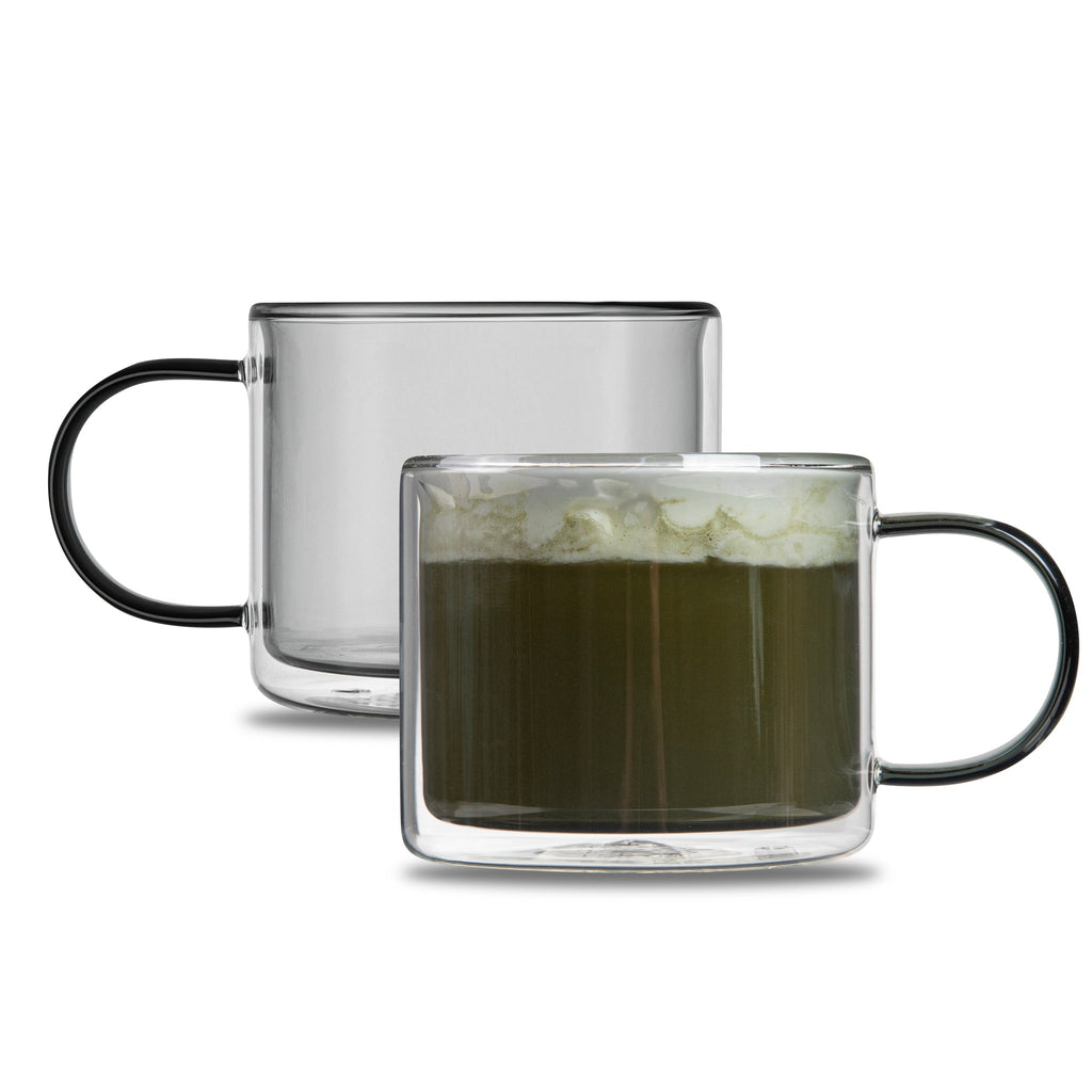 Forma Professional 11 oz Gray Glass Coffee Mug - Double Wall, Borosilicate, with Handle - 3 1/2" x 3 1/2" x 3" - 2 count box