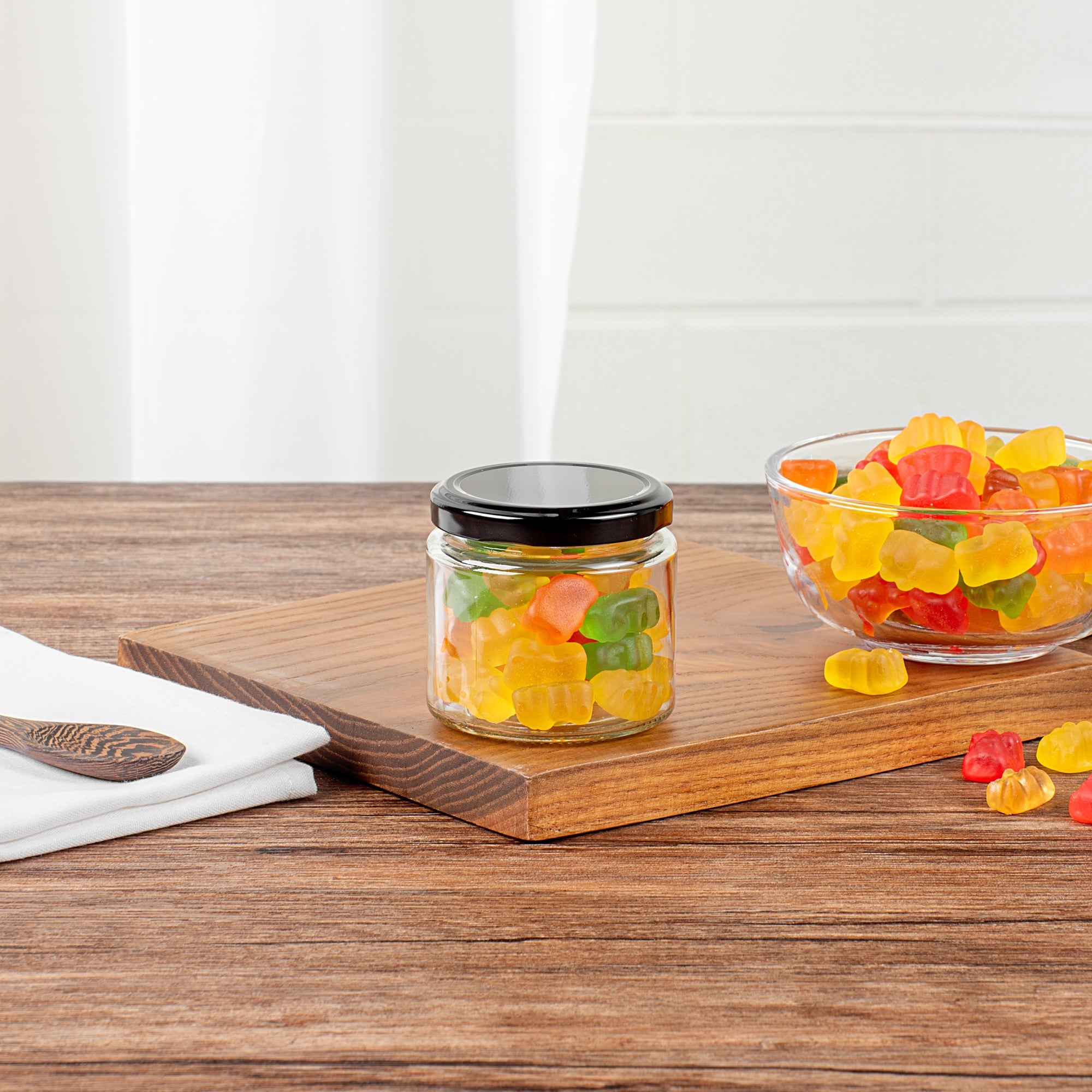 Vetri 6 oz Clear Glass Jar - with Black Metal Lid - 2 3/4" x 2 3/4" x 2 1/2" - 10 count box